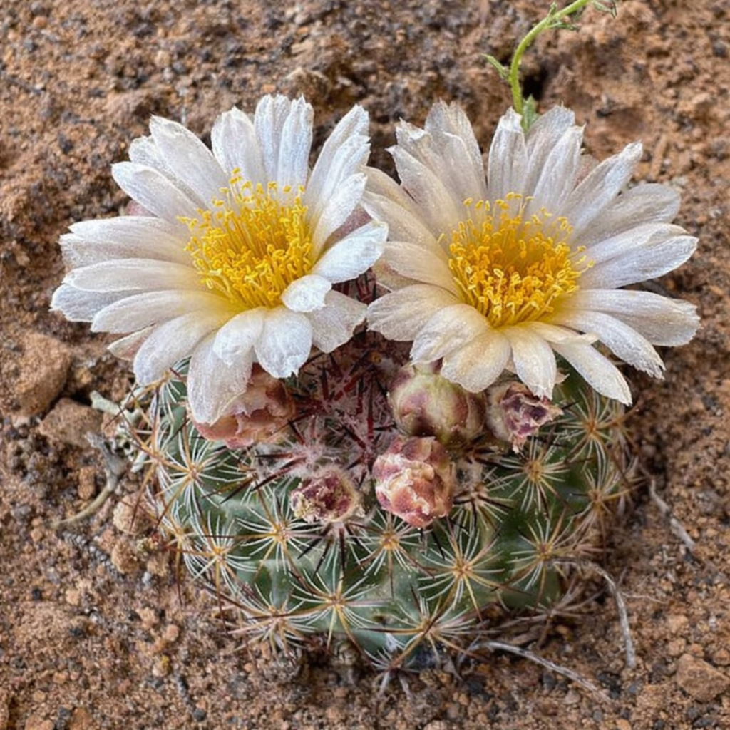Pediocactus simpsonii small cactus with white flowers and yellow centers in natural soil