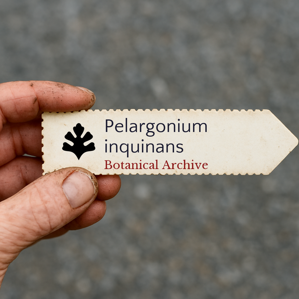 Etichetta per pianta stampata per Pelargonium inquinans tenuta a mano con terra sulle dita