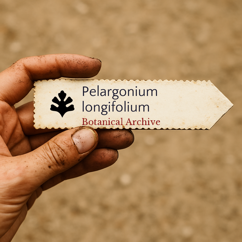 Etichetta per pianta stampata per Pelargonium longifolium tenuta da una mano sporca all'aperto