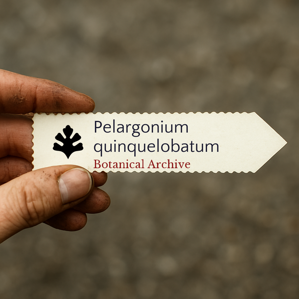 Printed plant label for Pelargonium quinquelobatum held by hand with dirt background