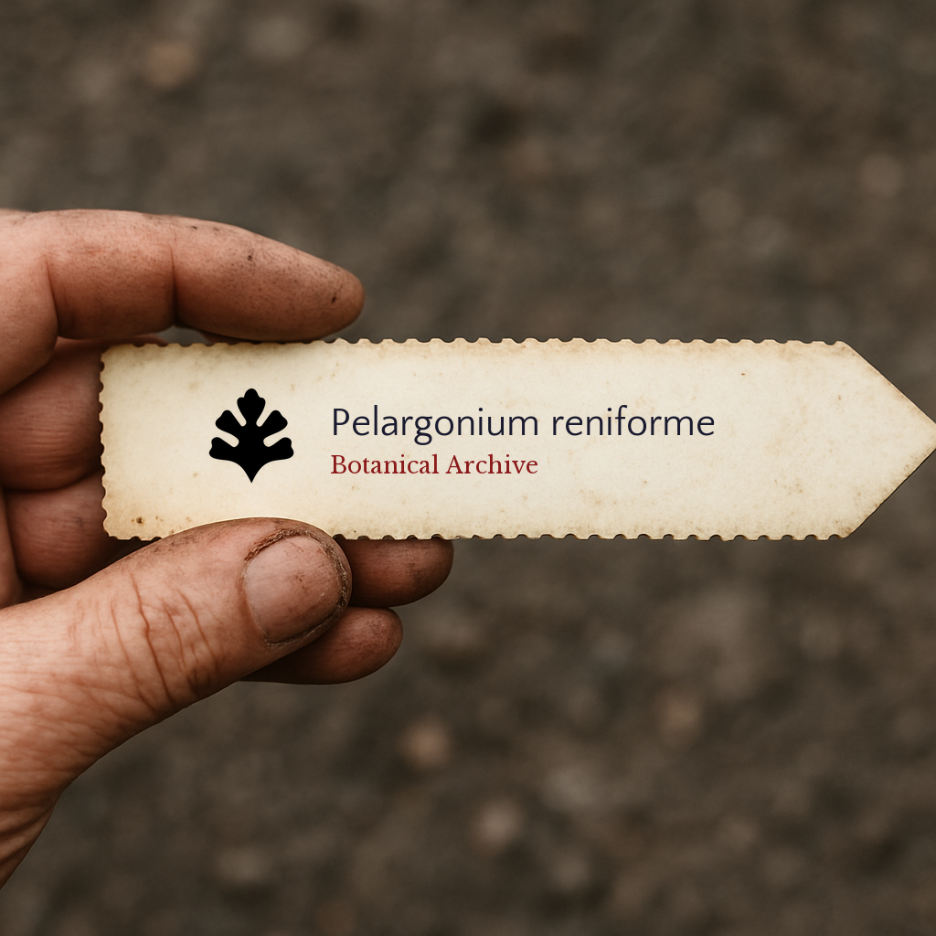 Vintage botanical archive label for Pelargonium reniforme held by hand