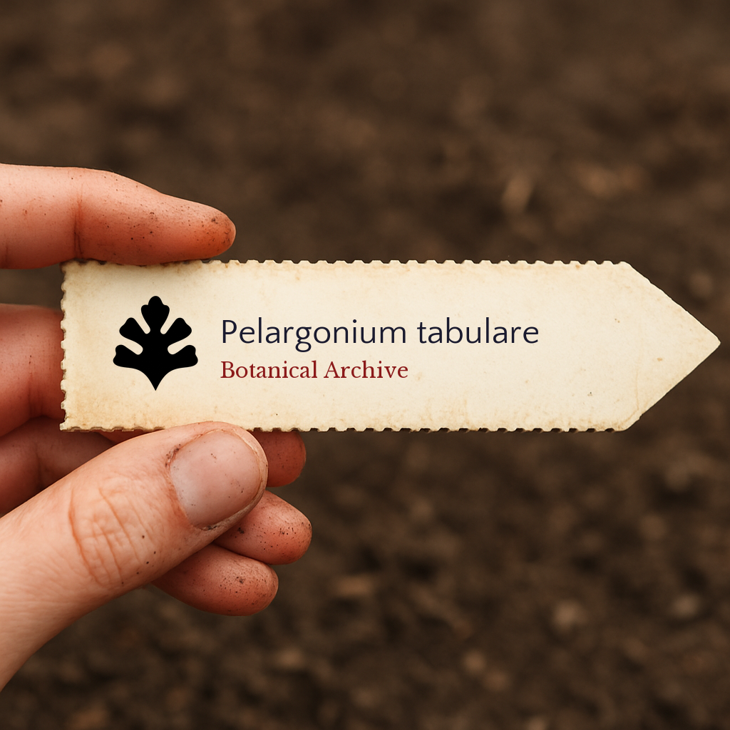 Printed plant label for Pelargonium tabulare held over soil background