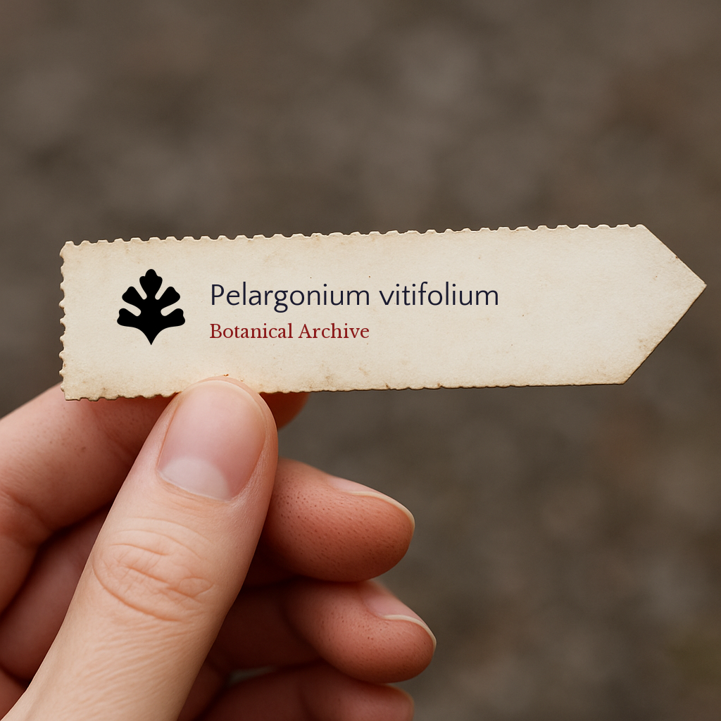 Printed plant label for Pelargonium vitifolium held by hand with botanical archive logo