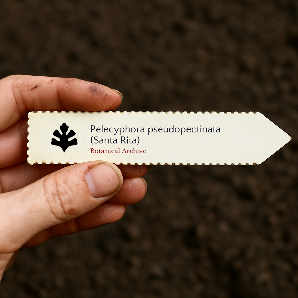 Printed plant label for Pelecyphora pseudopectinata (Santa Rita) held over soil background