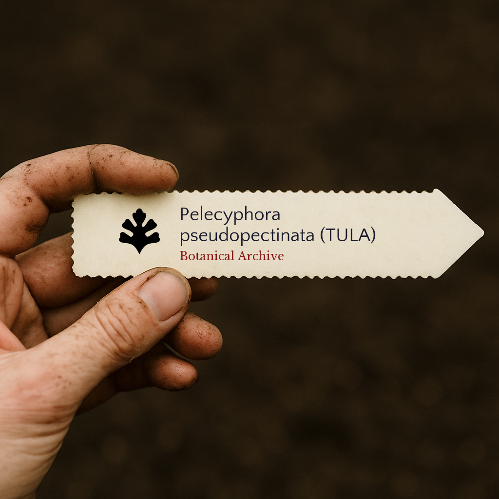 Etichetta stampata per pianta di Pelecyphora pseudopectinata (TULA) su sfondo di terreno