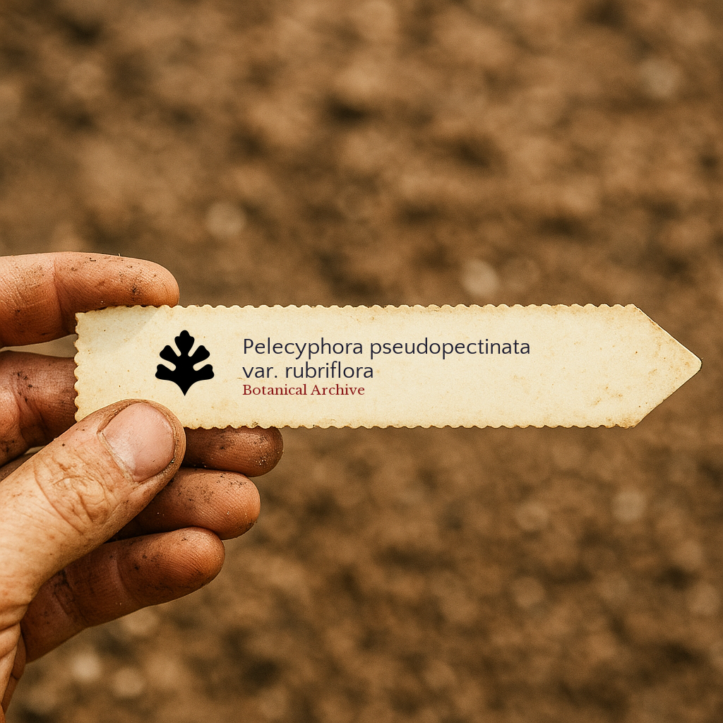 Etichetta stampata per pianta di Pelecyphora pseudopectinata var. rubriflora tenuta in mano su sfondo di terreno