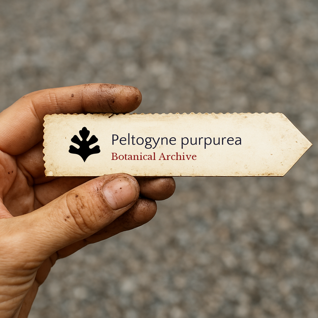 Printed plant label for Peltogyne purpurea held by dirty hand outdoors