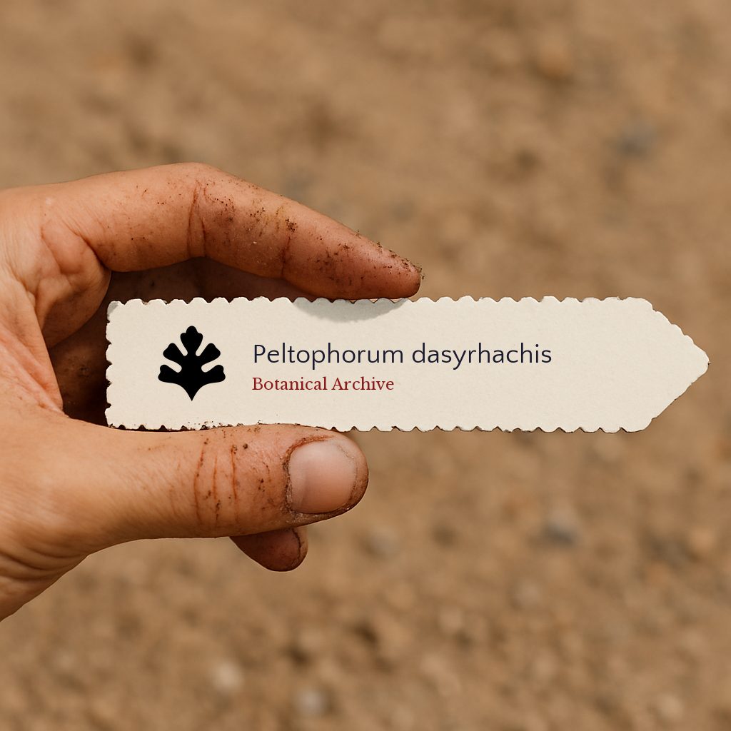Printed plant label for Peltophorum dasyrhachis held by dirty hand against soil background