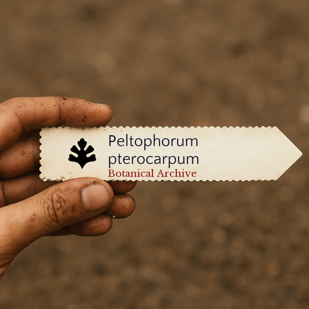 Printed plant label for Peltophorum pterocarpum held by dirty hand outdoors