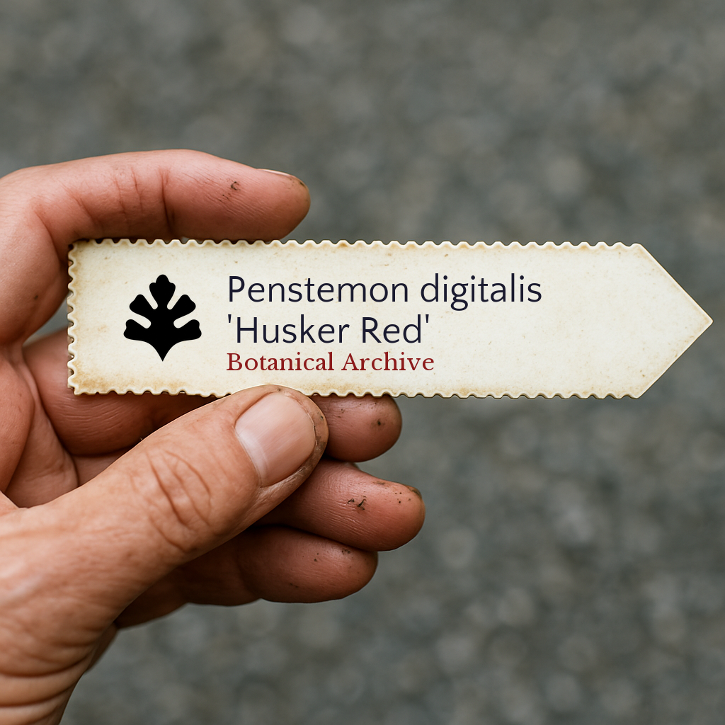 Etichetta stampata per pianta di Penstemon digitalis 'Husker Red' tenuta a mano all'aperto