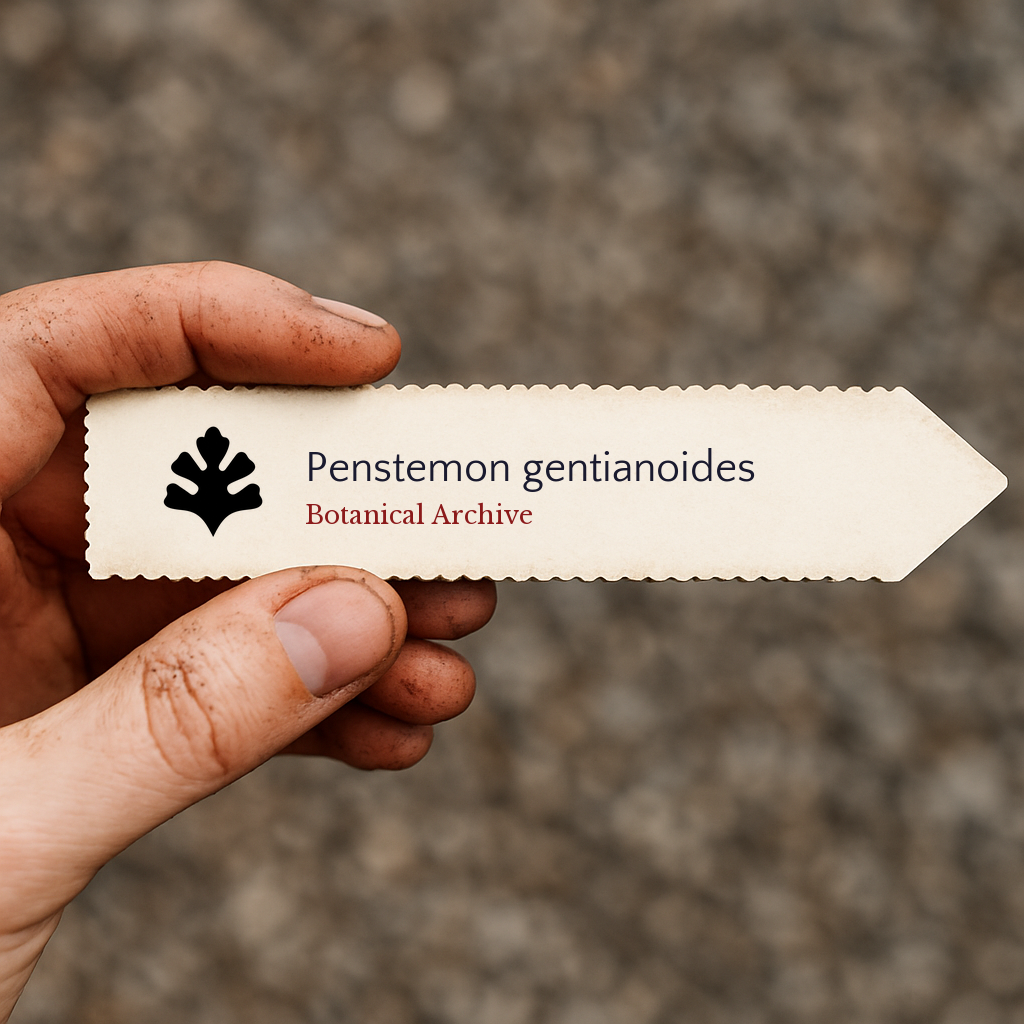 Etichetta per piante stampata per Penstemon gentianoides tenuta a mano con sfondo di terreno