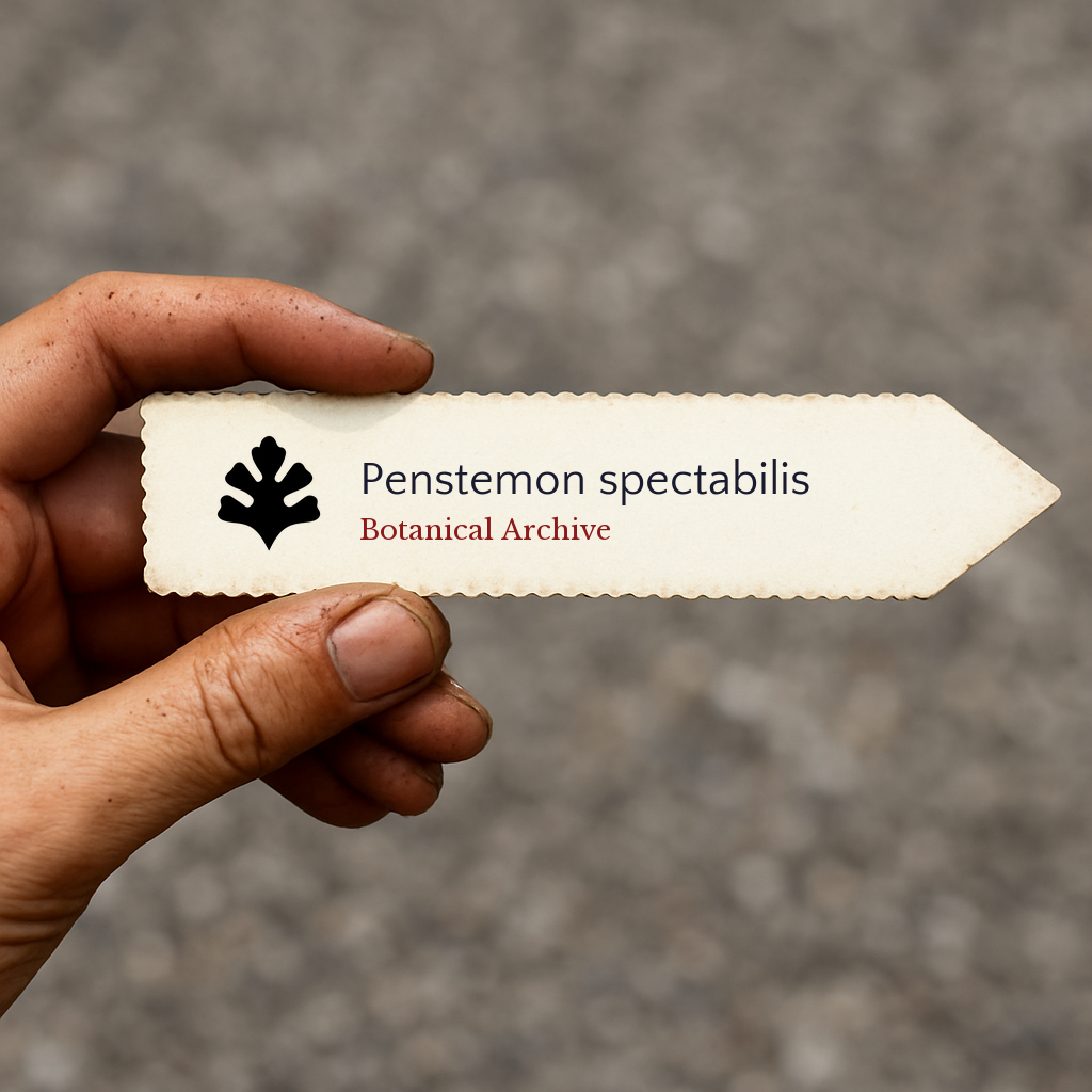 Printed plant label for Penstemon spectabilis held in hand with botanical archive logo