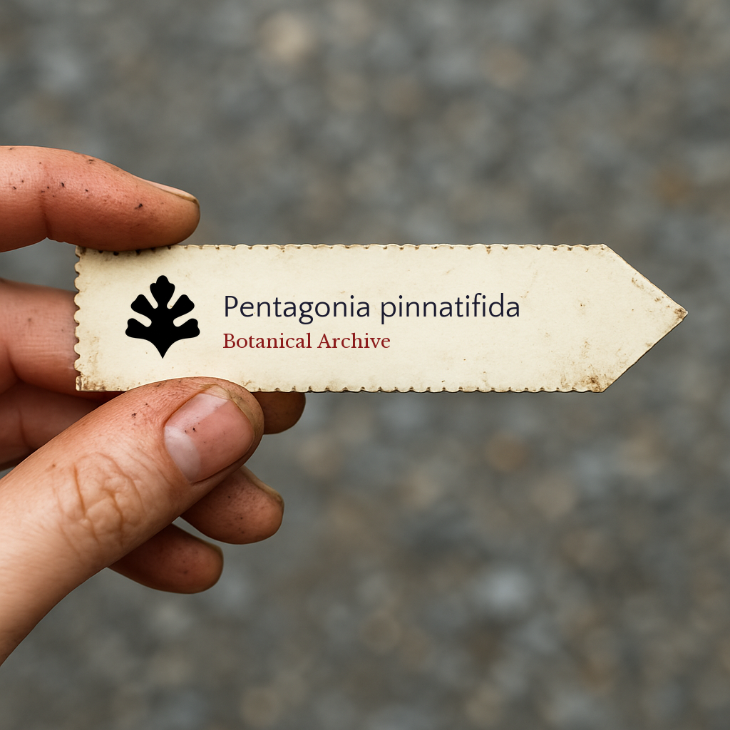 Printed plant label for Pentagonia pinnatifida with botanical archive logo held by hand