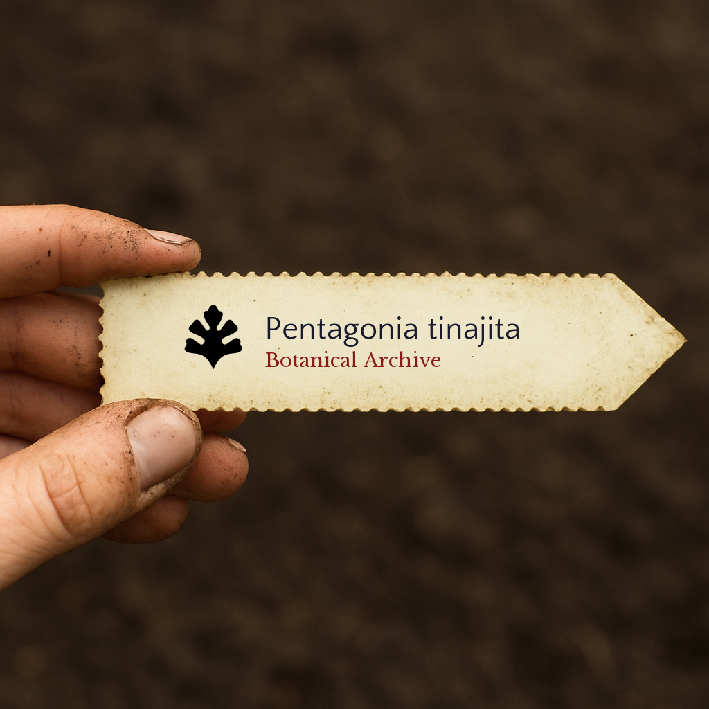 Etichetta stampata per pianta di Pentagonia tinajita tenuta su sfondo di terra