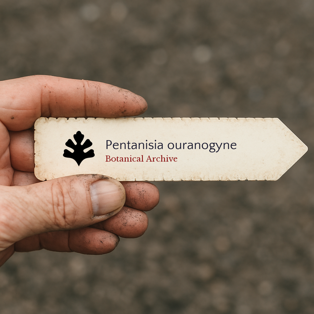 Etichetta stampata per pianta di Pentanisia ouranogyne tenuta a mano con sfondo di terra