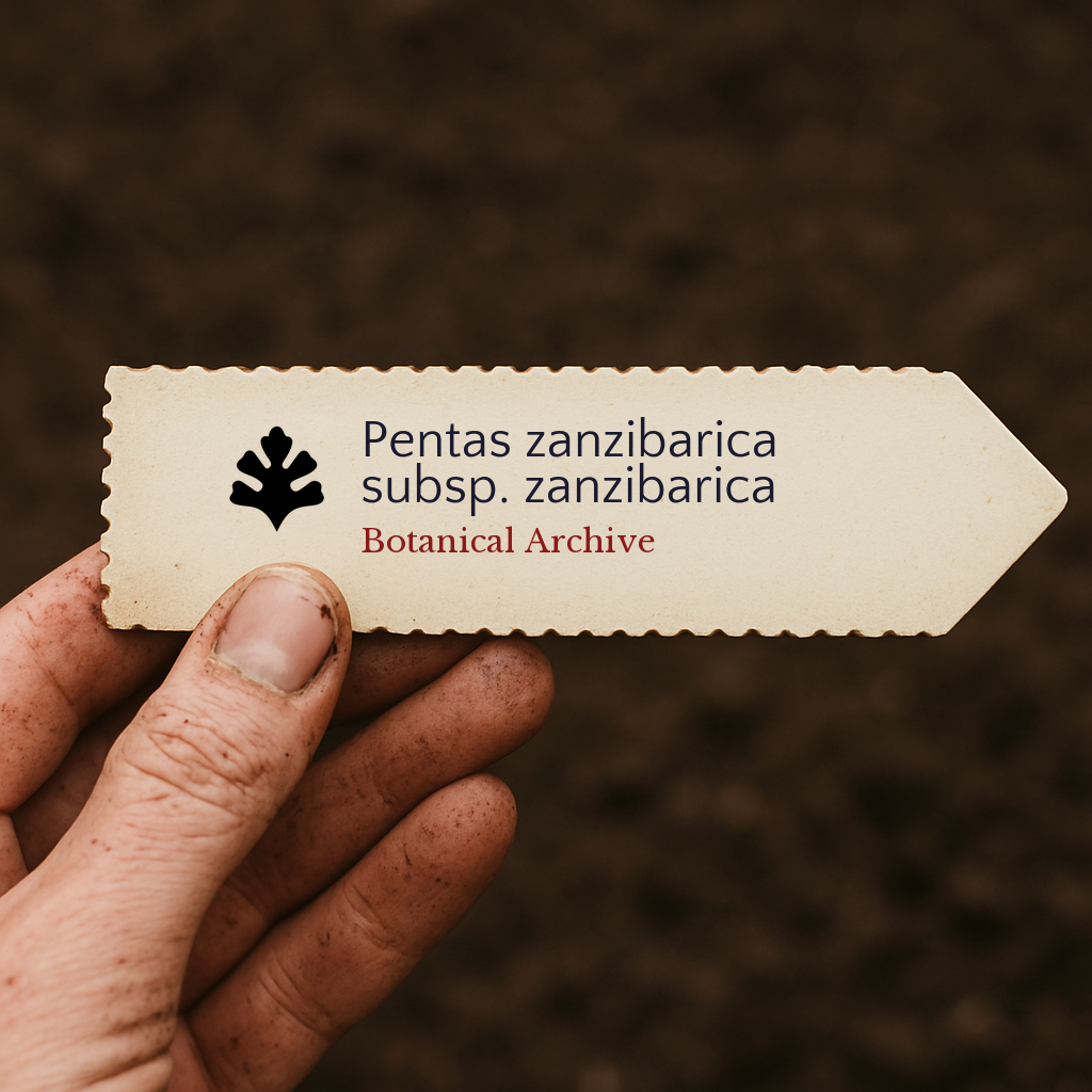 Etichetta vegetale stampata per Pentas zanzibarica subsp. zanzibarica su sfondo di terreno
