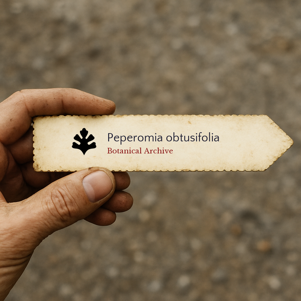 Printed vintage plant label for Peperomia obtusifolia held in hand against blurred background