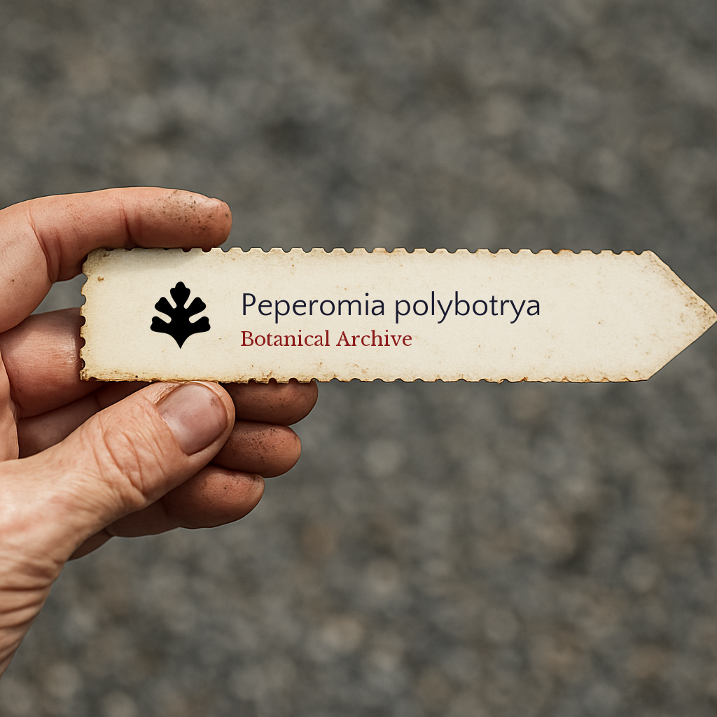 Printed plant label for Peperomia polybotrya with botanical archive logo held by hand