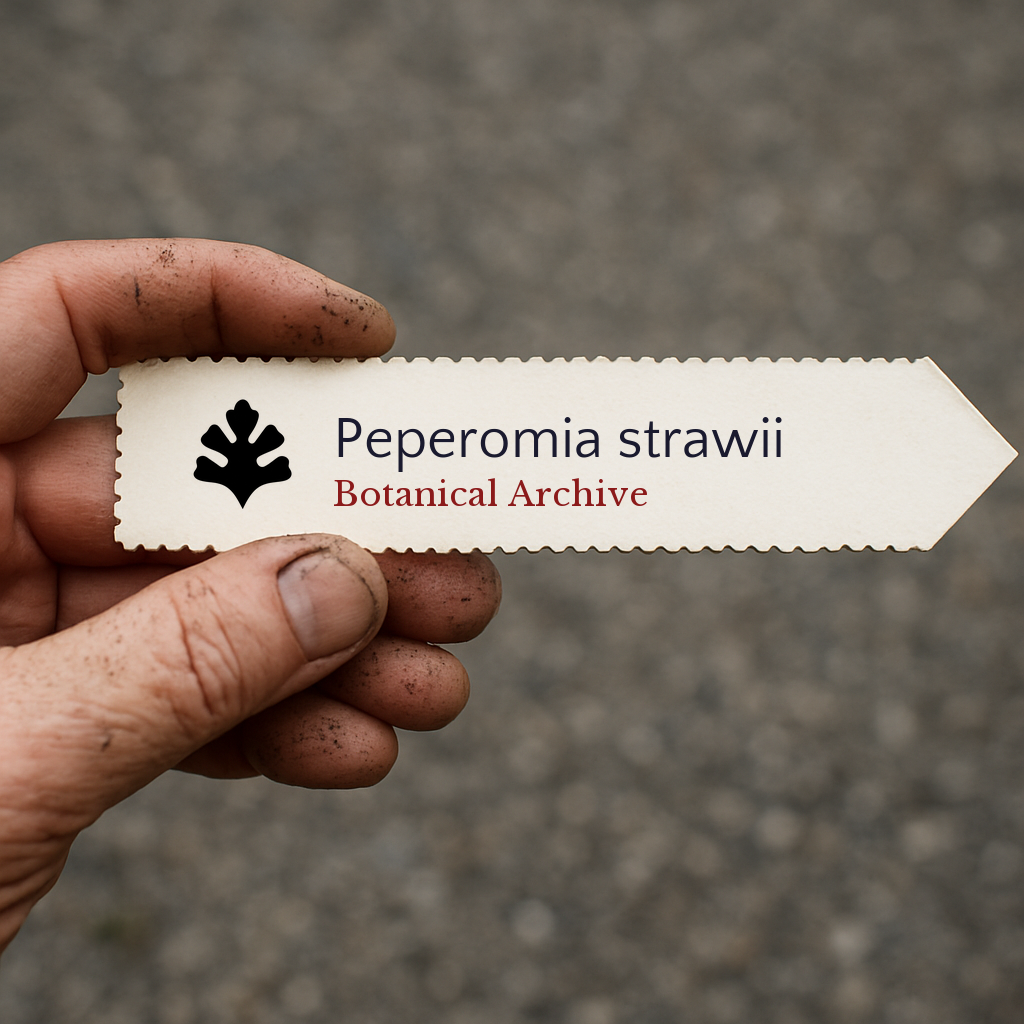 Printed plant label for Peperomia strawii held by hand with soil-stained fingers