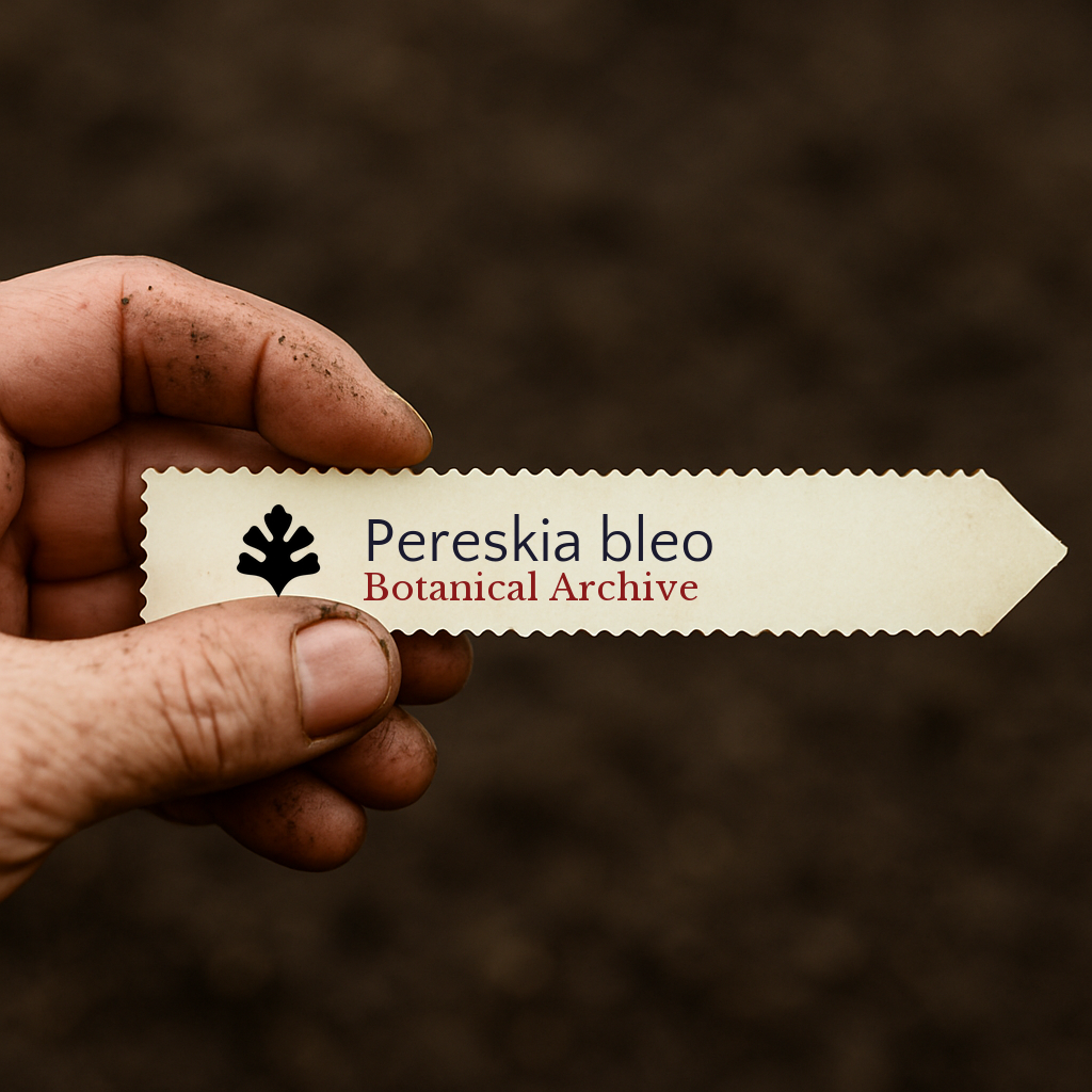 Printed plant label for Pereskia bleo held by hand over soil background