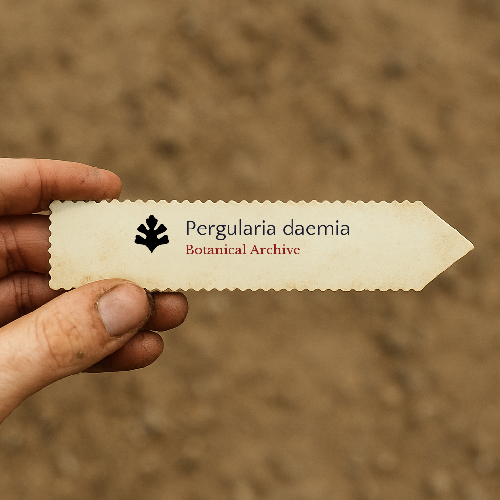 Printed plant label for Pergularia daemia held by hand with soil background