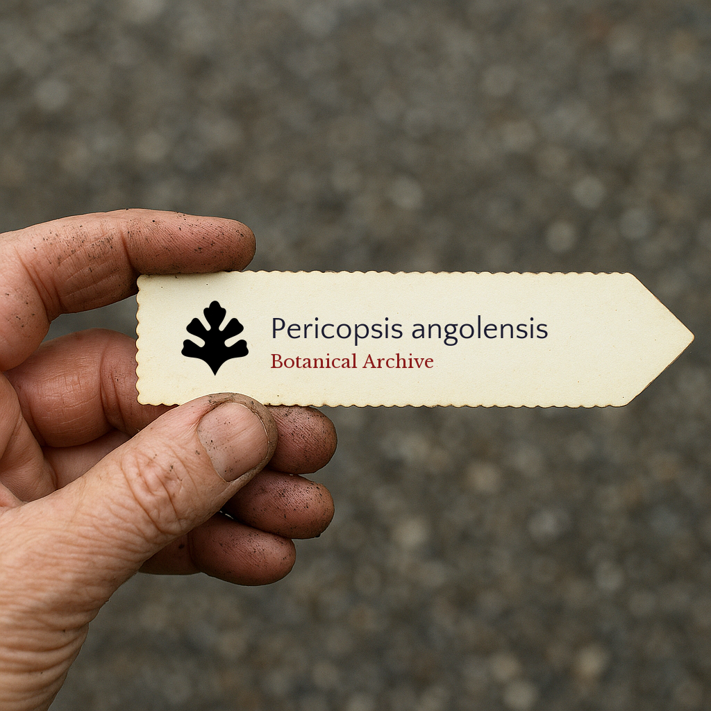 Printed plant label for Pericopsis angolensis with botanical archive logo held by hand