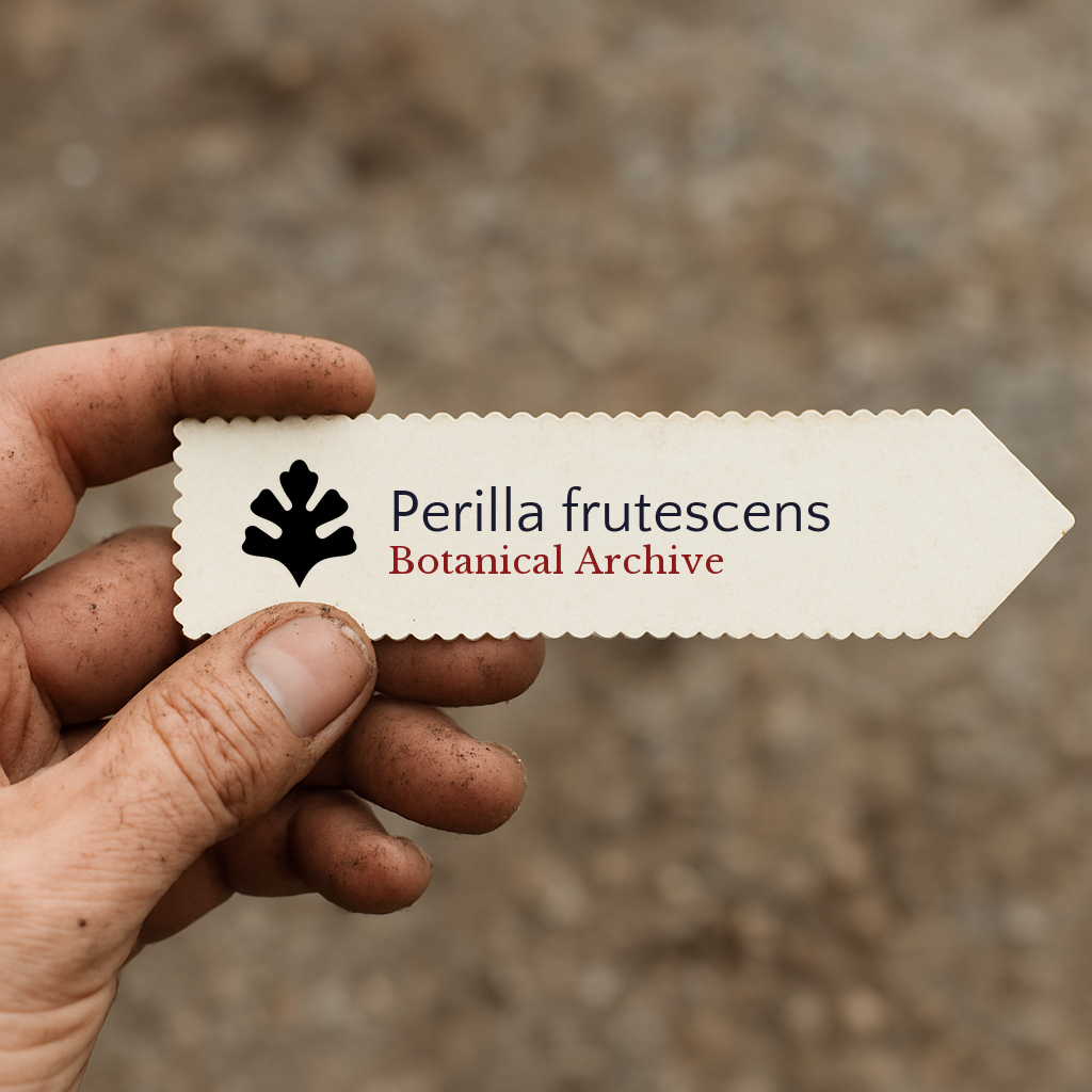 Etichetta stampata per pianta di Perilla frutescens con logo Botanical Archive tenuta da mano sporca