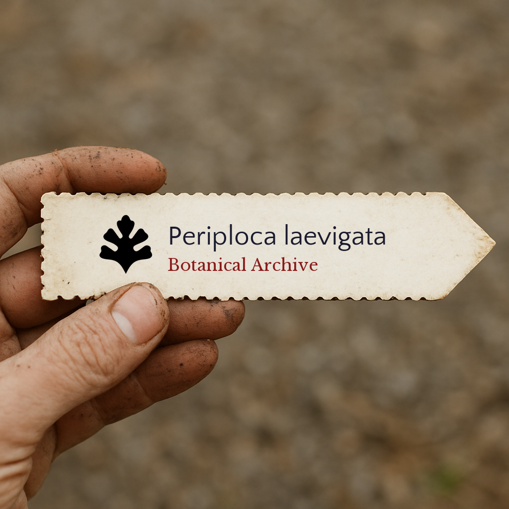 Etichetta della pianta stampata per Periploca laevigata tenuta a mano con sfondo di terra