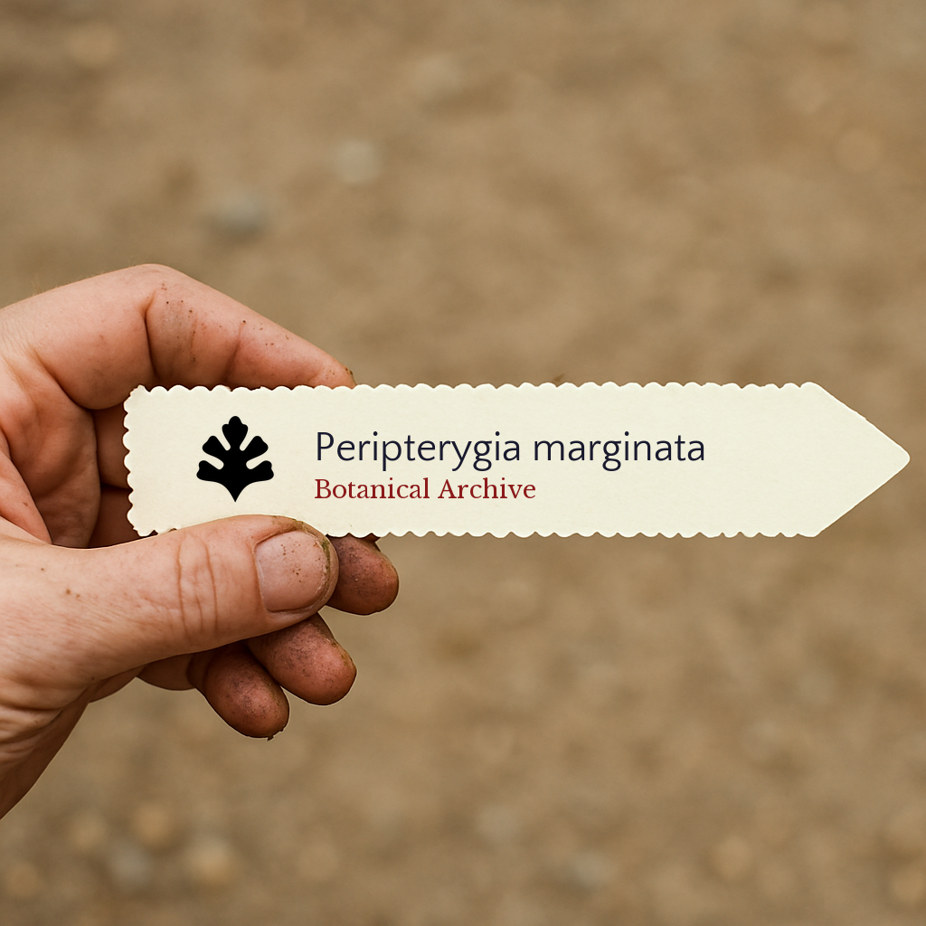 Printed plant label for Peripterygia marginata held by hand with soil background
