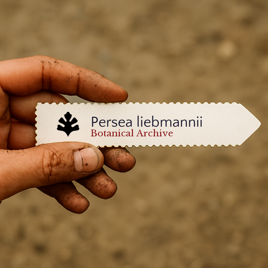 Printed plant label for Persea liebmannii held by dirty hand against soil background