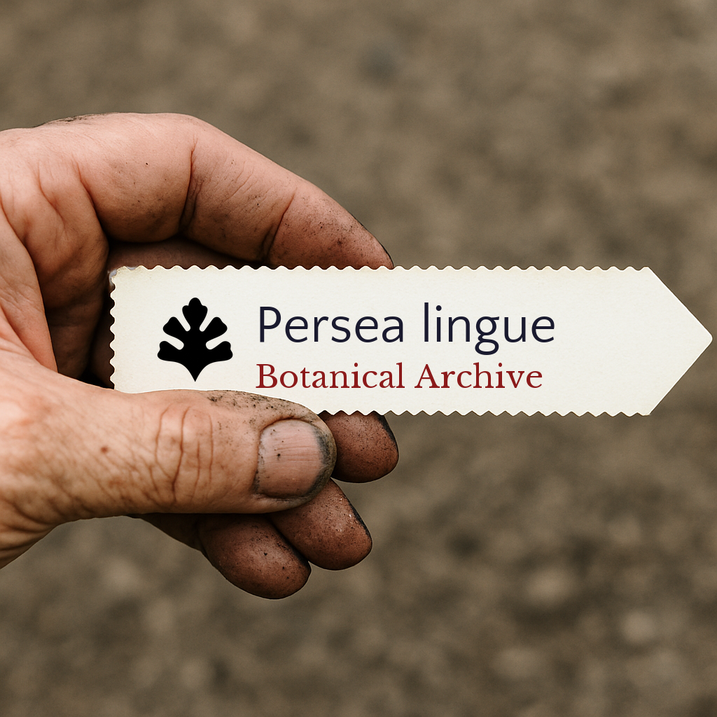 Printed plant label for Persea lingue held by dirty hand against soil background