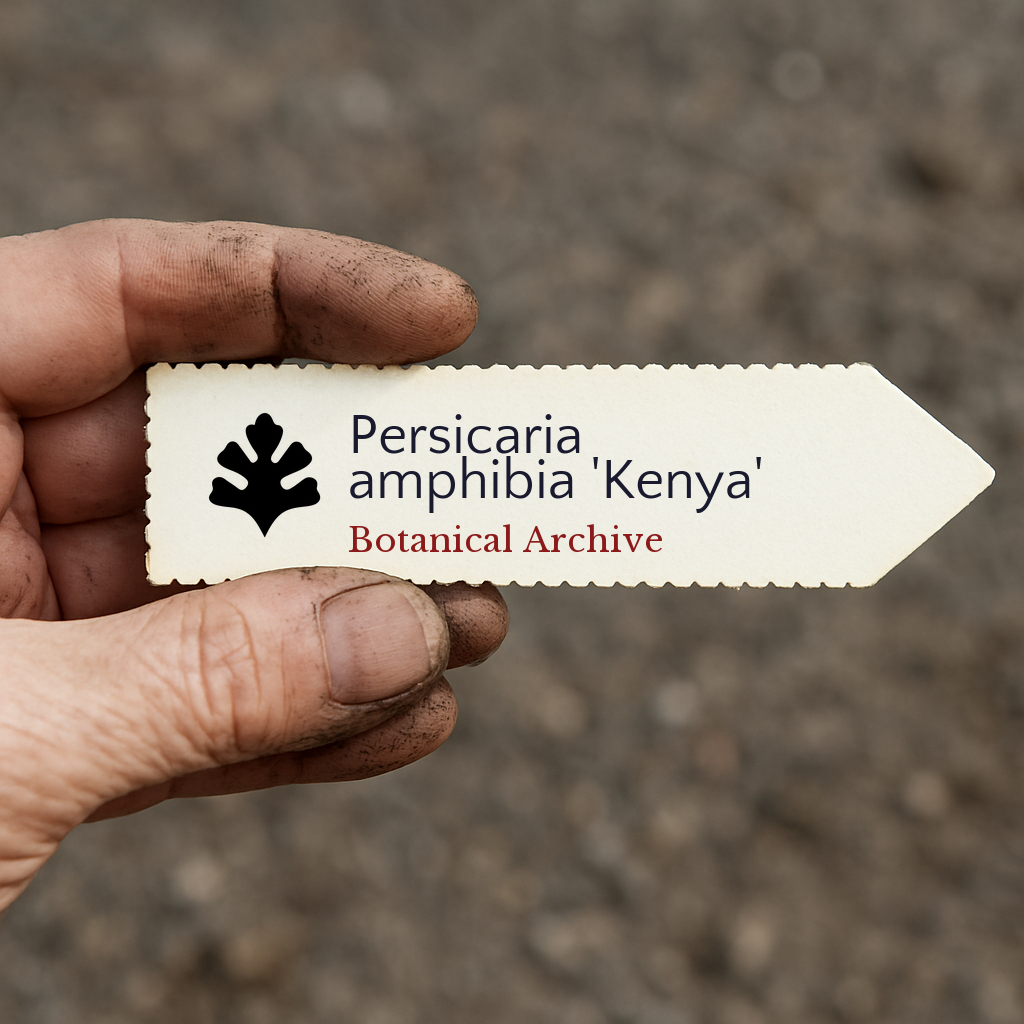 Printed plant label for Persicaria amphibia 'Kenya' held by dirty hand outdoors