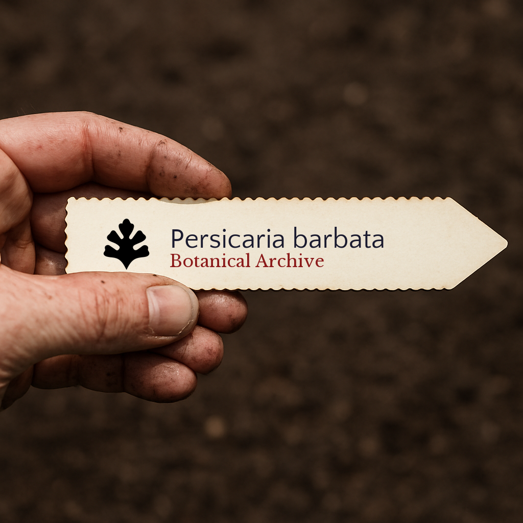 Printed plant label for Persicaria barbata held by hand over soil background