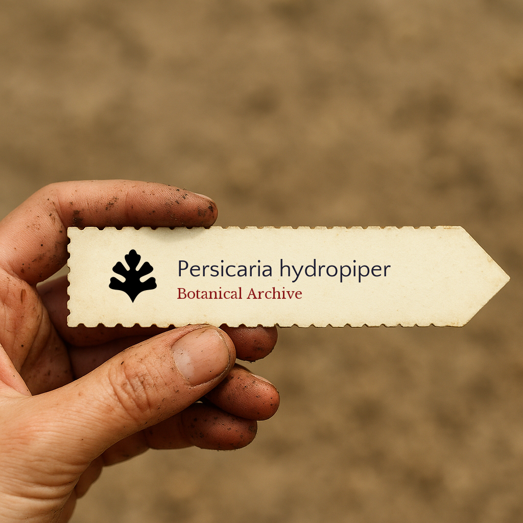 Printed plant label for Persicaria hydropiper held by dirty hand in garden soil background