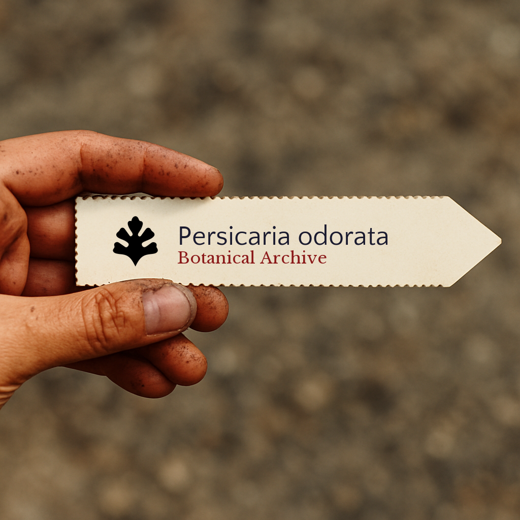 Etichetta stampata per pianta di Persicaria odorata tenuta da mano sporca all'aperto