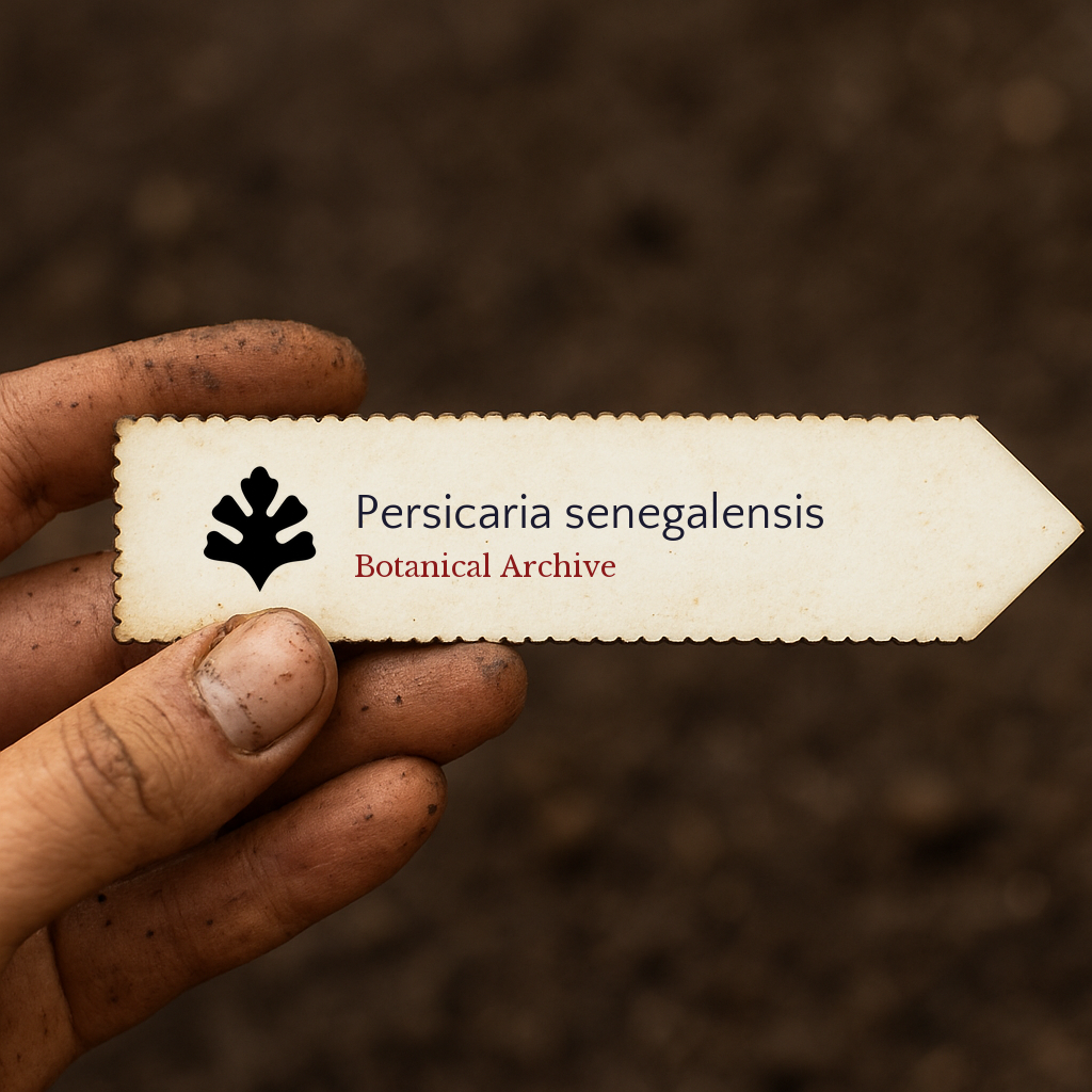 Printed plant label for Persicaria senegalensis held by dirty hand over soil background