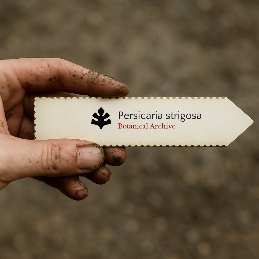 Printed plant label for Persicaria strigosa held by dirty hand with soil background