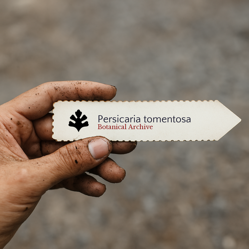 Printed plant label for Persicaria tomentosa held by dirty hand outdoors