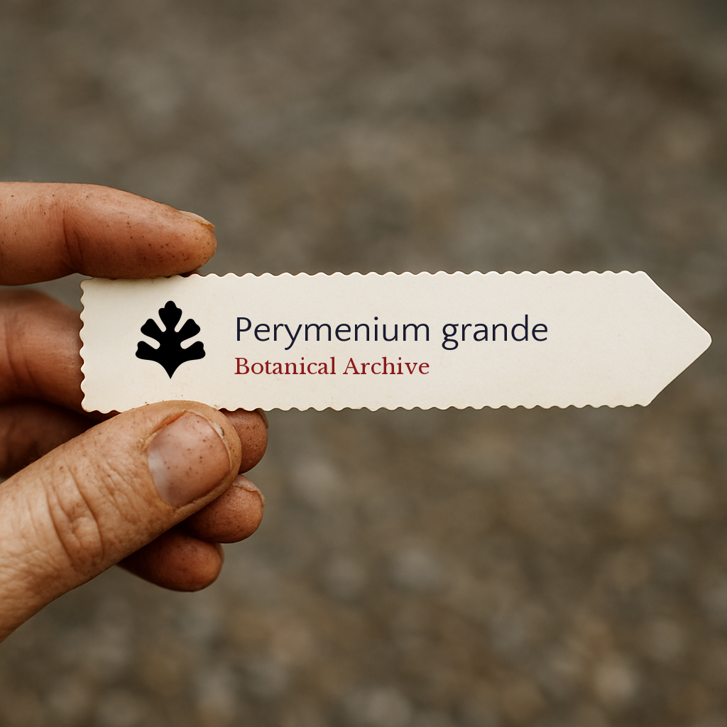Printed plant label for Perymenium grande held by hand with dirt background