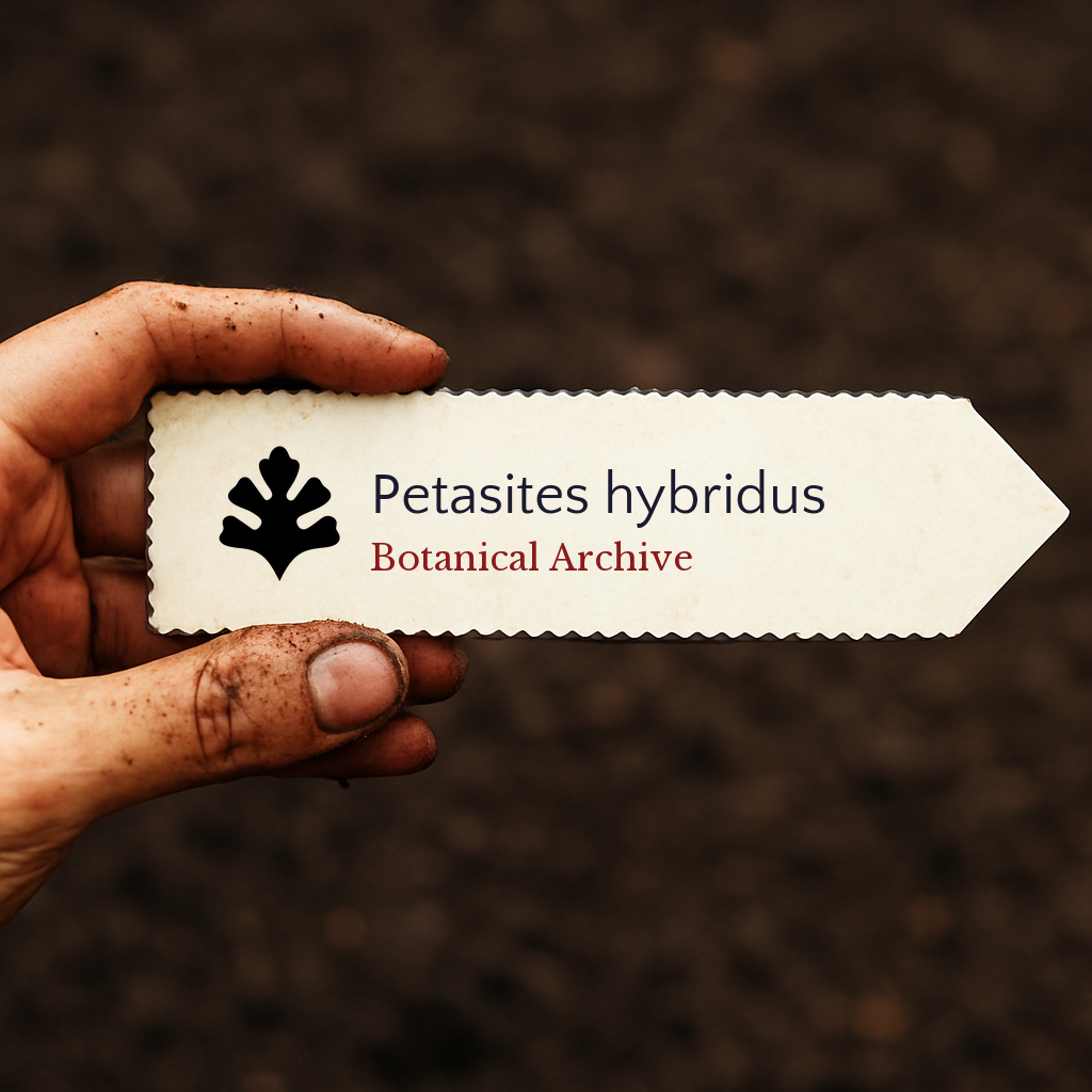 Printed plant label for Petasites hybridus with botanical archive logo held by dirty hand