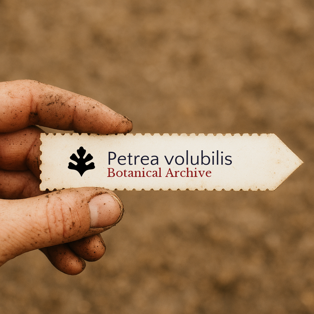 Printed plant label for Petrea volubilis held by dirty hand with soil background