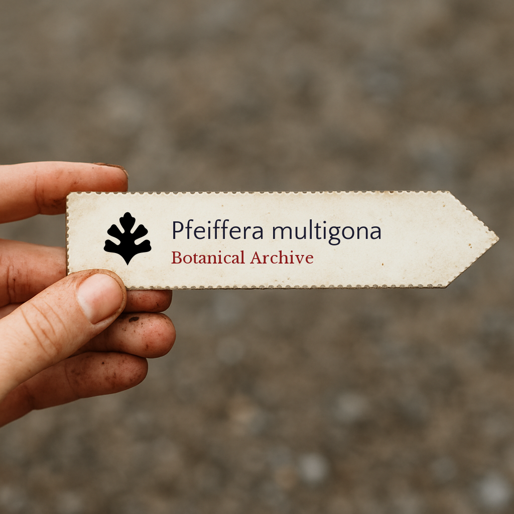 Etichetta stampata per pianta Pfeiffera multigona con logo Botanical Archive tenuta a mano