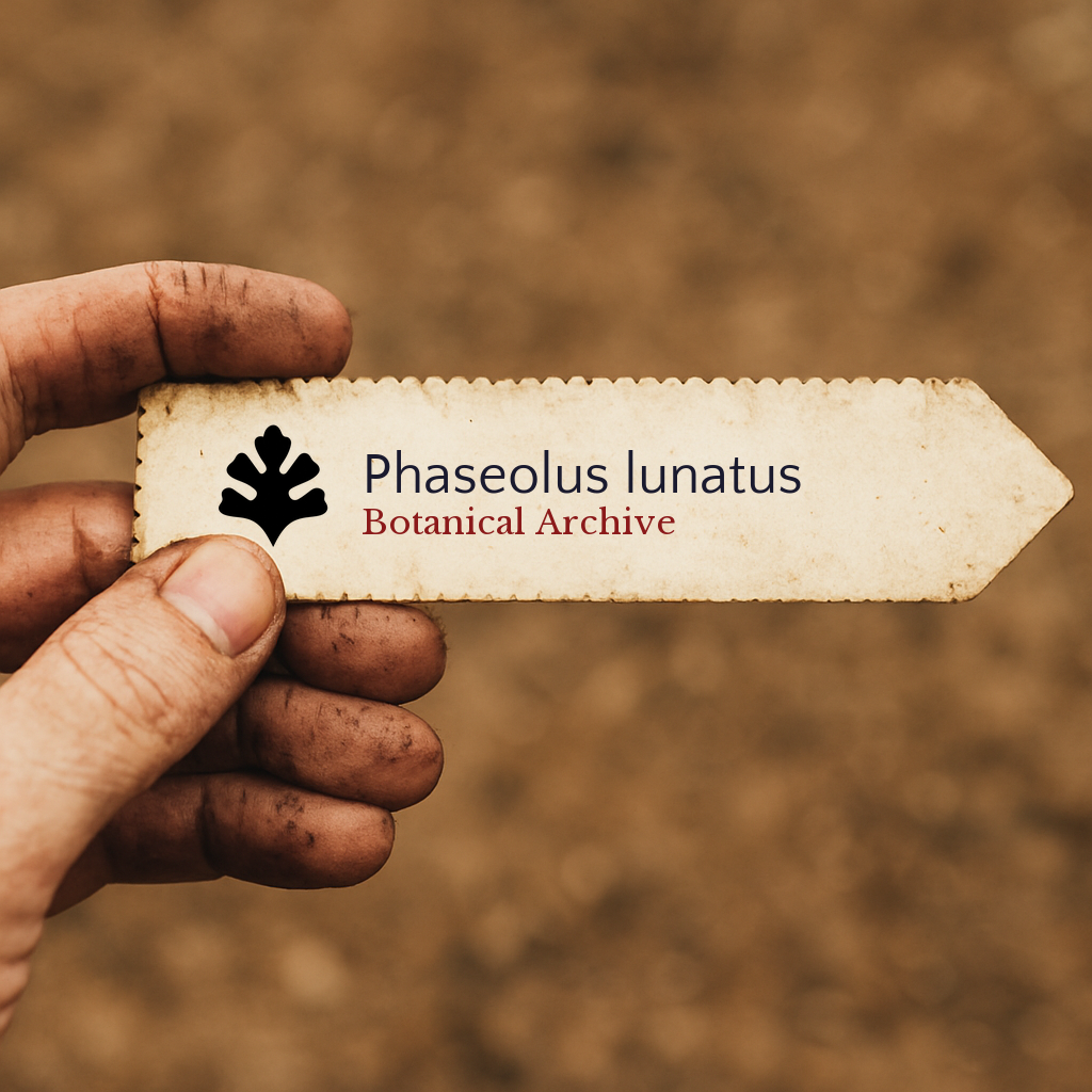 Printed plant label for Phaseolus lunatus held by dirty hand with soil background