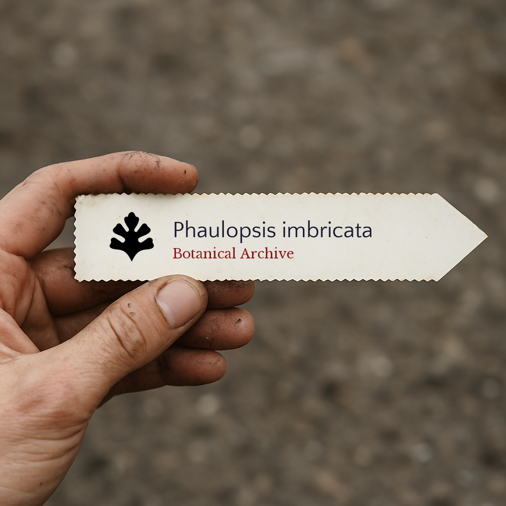 Printed plant label for Phaulopsis imbricata held by hand with dirt background