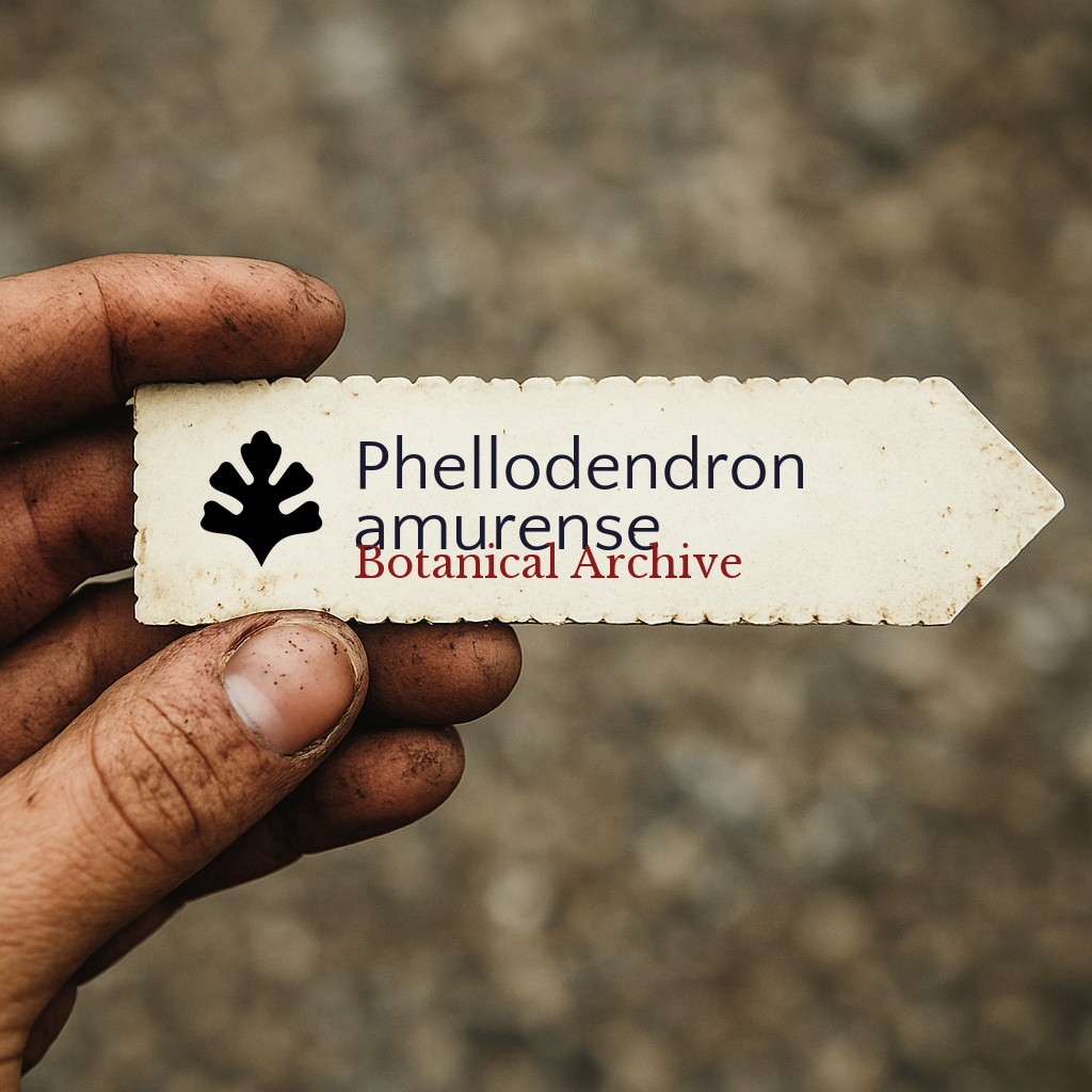 Printed plant label for Phellodendron amurense held by hand with dirt background
