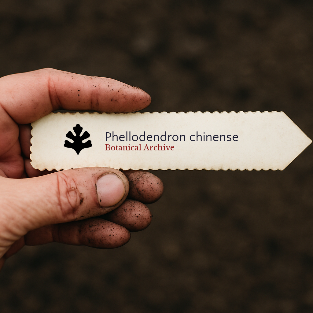 Printed plant label for Phellodendron chinense held by dirty hand over soil background