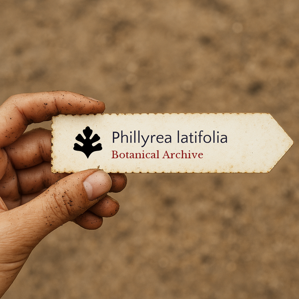Printed plant label for Phillyrea latifolia held by hand with soil background