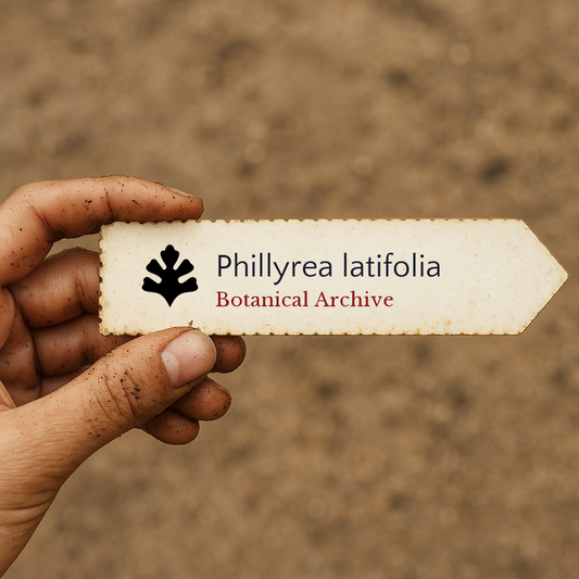 Printed plant label for Phillyrea latifolia held by hand with soil background