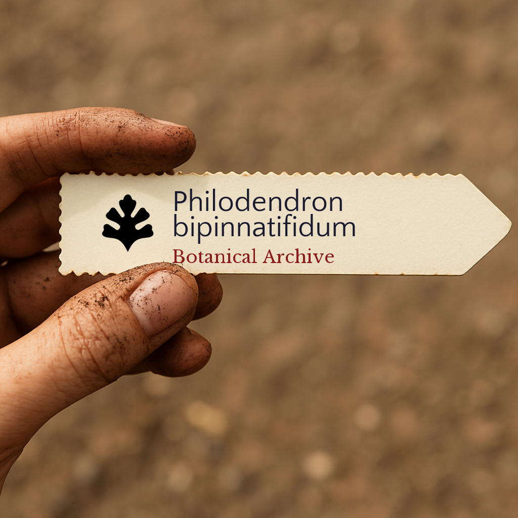 Printed plant label for Philodendron bipinnatifidum held by dirty hand outdoors