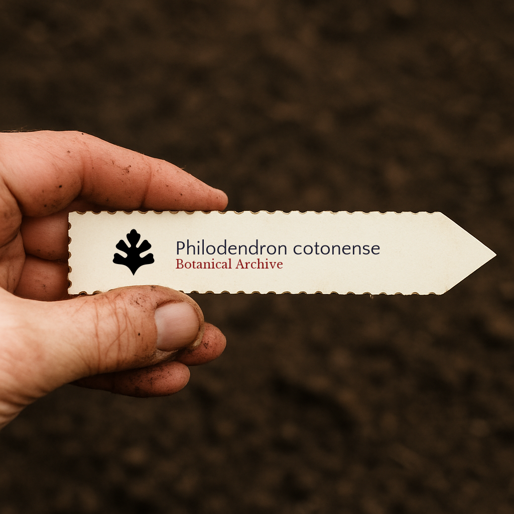 Etichetta per pianta stampata per Philodendron cotonense su sfondo di terra